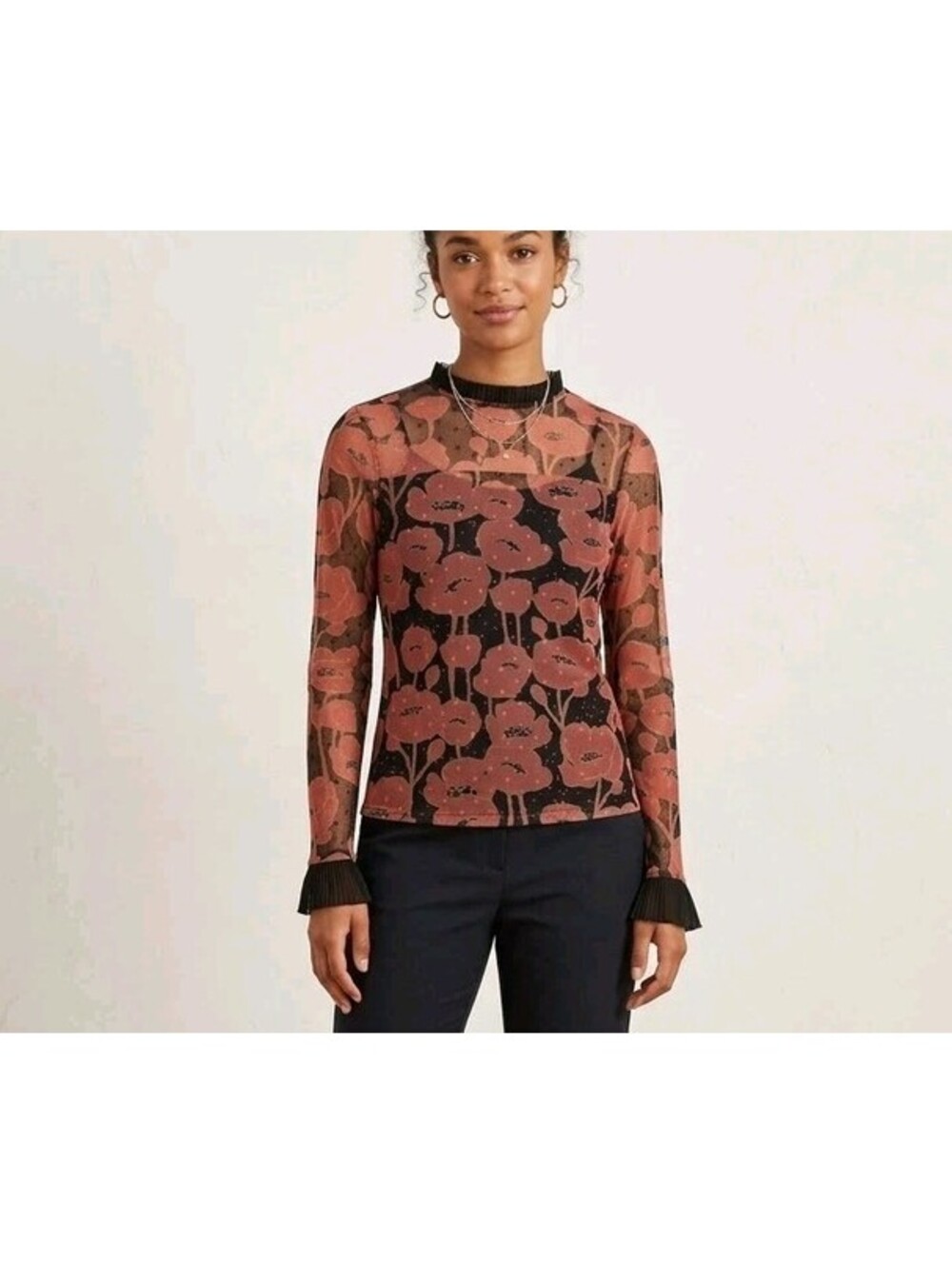 Ted Baker Top Womens 0 Black Floral Sheer Ruffle Mock Neck Long Sleeve Blouse